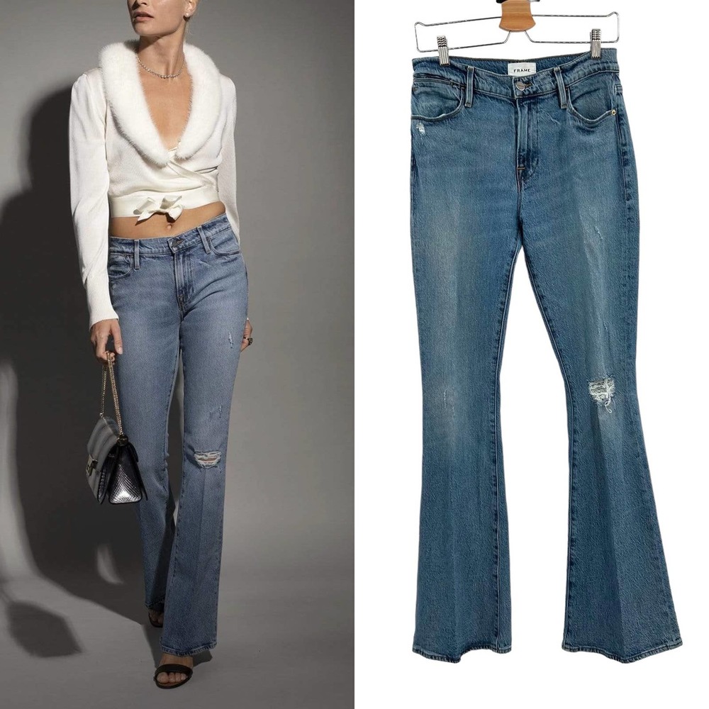 FRAME Le High Flare Jeans Crystal Shores Rips Wash Denim Size 28